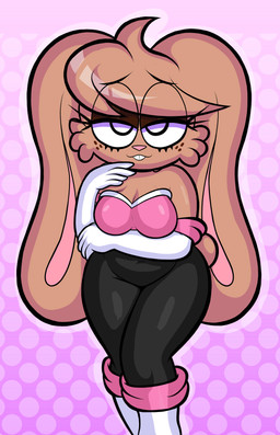 anthro breasts brown_body buckteeth clothing cosplay dotted_background female floppy_ears freckles looking_at_viewer pattern_background simple_background smile solo teeth blackmore sega sonic_the_hedgehog_(series) blair_(blackmore) rouge_the_bat domestic_rabbit lagomorph leporid mammal oryctolagus rabbit absurd_res hi_res