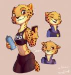 anthro athletic athletic_anthro athletic_female athletic_wear bottle bottomwear bra brown_background brown_eyes bulletproof_vest cellphone cheek_tuft chest_tuft clothed clothing container cute_fangs electronics facial_tuft fangs female fur head_tuft holding_object looking_at_viewer markings midriff multiple_poses neck_tuft open_mouth open_smile pants phone police police_uniform pose shirt simple_background smile solo sports_bra spots spotted_body spotted_fur teeth text topwear tuft underwear uniform yoga_pants alec8ter conditional_dnp disney zootopia kii_catano cheetah felid feline mammal 2019 english_text