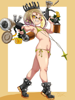 bikini boots clothing crown dual_wielding eyebrows female flat_chested footwear glistening glistening_body glistening_skin gun headgear holding_object holding_weapon mole_under_mouth navel pseudo_hair ranged_weapon shoes side-tie_bikini smile solo string_bikini swimwear tentacle_hair tentacles two-piece_swimsuit weapon yellow_eyes t2ukmyjm nintendo splatoon animal_humanoid aquatic cephalopod humanoid inkling mollusk mollusk_humanoid 2026 3:4 hi_res