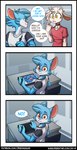anthro biped blue_body blue_fur closed_smile dialogue drawing_tablet duo fur horizontal_pupils looking_back male mouth_closed multicolored_body orange_eyes pink_eyes pupils question_mark sitting smile sound_effects speech_bubble text white_body jay-r jay-r_(character) bovid canid canine caprine fox goat mammal hi_res