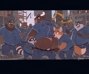 clothing erection group hausk male male/male thong underwear fibear bear canid canine fox humanoid hybrid mammal procyonid raccoon 6:5 absurd_res hi_res