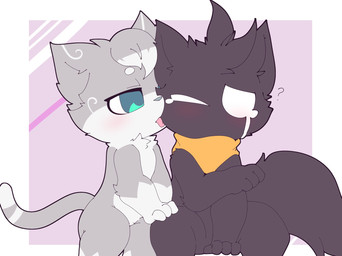 anthro blush bodily_fluids countershading crying dipstick_limbs dipstick_tail duo face_lick featureless_crotch fluffy fluffy_tail fur geometric_background green_eyes grey_body grey_fur head_tuft kerchief kerchief_only licking male male/male markings mostly_nude mouthless nude one_eye_closed question_mark simple_background sitting tail tail_markings tears tongue tongue_out tuft white_body white_countershading white_eyes smite_(artist) league_of_legends riot_games tencent kota_(smite) llun_(smite) yordle hi_res