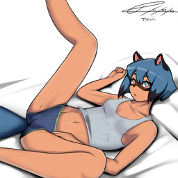 5_fingers anthro bed blue_hair bottomwear breasts clothing crop_top detailed_background eyebrow_through_hair eyebrows female fingers furniture hair hotpants looking_at_viewer lying lying_on_bed multicolored_eyes navel on_back on_bed orange_body shirt shorts side_boob small_breasts solo topwear translucent translucent_hair t-mimi brand_new_animal studio_trigger michiru_kagemori canid canine mammal raccoon_dog tanuki 1:1 2023 absurd_res digital_media_(artwork) hi_res shaded signature
