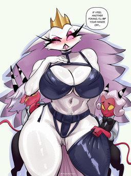 2_horns anthro beak big_breasts black_bra black_clothing black_panties black_underwear blush bottomwear bow_tie bra breasts butler cleavage clothed clothing crown curvy_figure dialogue dressing_another eyebrows eyelashes eyeshadow feather_hair feathers female frown garter_straps group hair headgear horn huge_breasts larger_female legwear long_eyelashes long_hair makeup male midriff navel panties pants pink_eyeshadow pink_sclera pseudo_hair red_body red_skin shirt short_hair simple_background size_difference smaller_male speech_bubble straps text thick_thighs thigh_highs topwear trio twitter_handle underwear vest voluptuous white_background white_body white_eyes white_feathers white_hair wide_hips thedarkzircon hellaverse helluva_boss pringles_(helluva_boss) stella_(helluva_boss) avian bird demon imp owl owl_demon 2026 absurd_res artist_name english_text hi_res