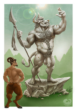 anthro brown_body brown_fur brown_hair brown_horn butt eyewear fur genital_piercing genitals glasses hair horn humanoid_genitalia humanoid_penis male musclegut muscular muscular_anthro muscular_humanoid muscular_male nude nude_male outside penis penis_piercing piercing prince_albert_piercing sculpture short_hair smile solo standing statue tan_body tan_skin chumbasket bovid bovine cattle humanoid mammal satyr hi_res