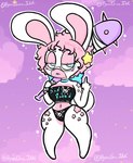 anthro bat_(object) biped blue_eyes breasts clothing eyewear female female_anthro gesture glasses hair hand_gesture middle_finger navel pink_hair shirt solo star text topwear white_body lewdchuu_(artist) raving_rabbids rayman_(series) ubisoft lagomorph mammal rabbid english_text hi_res