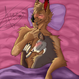 5_fingers anthro bed bed_sheet bedding black_nose blanket blush brown_body brown_fur claws cuddling duo eyes_closed facial_piercing finger_claws fingers fur furniture grey_body grey_fur hug male male/male male_anthro nose_piercing piercing pillow pink_nose sleeping smile alex_shark i_think_i_like_you coffee_(patrick_okottsu) zeb_(i_think_i_like_you) american_opossum bat canid canine fox hybrid leaf-nosed_bat mammal marsupial microbat vampire_bat virginia_opossum yangochiropteran 1:1 hi_res