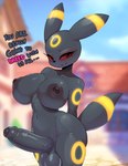 absurd_res anthro anthrofied areola ashraely balls big_areola big_breasts big_nipples black_body black_fur black_nipples blurred_background blush bodily_fluids breasts canid canine cute_fangs dialogue digital_media_(artwork) eeveelution english_text erection foreskin fur generation_2_pokemon genitals glistening glistening_body gynomorph hi_res huge_breasts humanoid_genitalia humanoid_penis intersex looking_at_viewer mammal navel nintendo nipples nude nude_anthro nude_gynomorph nude_intersex open_mouth outdoor_nudity outside partially_retracted_foreskin penis pokemon pokemon_(species) pokemorph public public_nudity red_sclera saggy_balls simple_background smile solo standing talking_to_viewer text thick_penis thick_thighs third-party_edit tongue umbreon vein veiny_penis wide_hips
