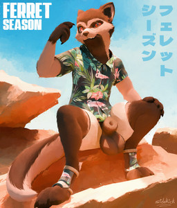 animal_genitalia anthro balls bottomwear brown_sheath clothed clothing eyewear fully_sheathed fur genitals glasses looking_at_viewer male open_bottomwear open_clothing open_shorts round_glasses sheath shirt shorts simple_background sitting smile solo spread_legs spreading tail text topwear wearing_glasses sidekick domestic_ferret mammal mustelid musteline true_musteline weasel digital_media_(artwork) english_text hi_res japanese_text