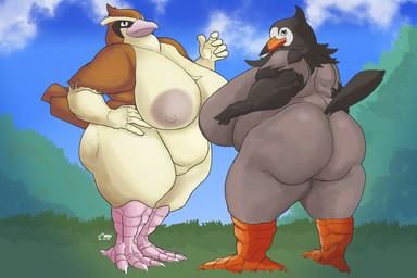 anthro areola avian_feet beak belly big_areola big_breasts big_butt breasts butt dark_areola detailed_background duo feathered_tail feathers female flabby_arms fupa grass hand_on_hip huge_breasts huge_butt humanoid_hands looking_back nipples non-mammal_nipples obese obese_anthro obese_female overweight overweight_anthro overweight_female plant pose rear_view sagging_breasts short_stack shrub sky smile smiling_at_viewer standing tail thick_thighs venus_figure wide_hips krowbutt nintendo pokemon avian bird generation_1_pokemon generation_4_pokemon pidgey pokemon_(species) starly 3:2 hi_res