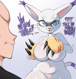 animal_ears anthro big_breasts biped blue_eyes breasts clothed clothing dialogue duo eyelashes featureless_breasts female genitals male open_mouth pupils smile tail text thick_thighs vulva white_body saltyxodium bandai_namco digimon digimon_(species) gatomon human mammal absurd_res hi_res