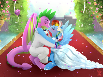 anthro anthro_on_feral bestiality biped black_tie_(suit) blue_body blush clothed clothing dress duo female feral kissing larger_male male male/female purple_body quadruped size_difference smaller_female suit tail wedding wedding_dress white_clothing wings darksly-z friendship_is_magic hasbro my_little_pony mythology rainbow_dash_(mlp) spike_(mlp) dragon equid equine mammal mythological_creature mythological_equine mythological_scalie pegasus scalie 4:3 hi_res