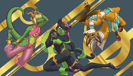 abstract_background anthro clothed clothing crossdressing crown femboy gold_(metal) gold_jewelry group hair hair_over_eyes harem_outfit headgear horn jewelry male pawpads silk trio destrustor mythology cyrcas_nearles shiro_caecilius tolenn_raspex canid canine domestic_cat dragon felid feline felis fox mammal mythological_creature mythological_scalie scalie absurd_res hi_res