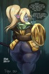 armor big_butt blonde_hair butt clothed clothing collar dialogue female fully_clothed hair huge_butt huge_hips huge_thighs humanoid_pointy_ears melee_weapon pigtails pointy_ears rear_view shield short_stack solo text thick_thighs thought_bubble weapon wide_hips mahou_monster league_of_legends riot_games tencent poppy_(lol) humanoid yordle english_text hi_res