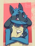 bedroom_eyes crossed_arms looking_at_viewer male narrowed_eyes seductive simple_background solo omegamouse nintendo pokemon generation_4_pokemon lucario pokemon_(species) hi_res