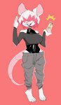 anthro bottomwear buckteeth card choker clothing female hair hair_over_eyes jewelry latex leotard necklace pants pink_background pink_hair simple_background solo teeth velvetomo mammal mouse murid murine rodent hi_res