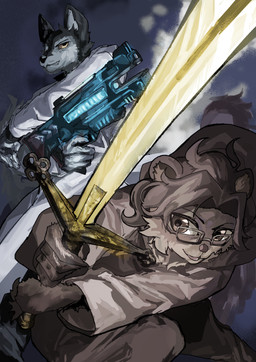 5_fingers anthro big_ears big_tail biped black_body black_eyebrows black_fur black_nose blep blue_clothing blue_gloves blue_glow blue_handwear bottomwear brown_body brown_bottomwear brown_cape brown_clothing brown_eyes brown_fur brown_hair brown_inner_ear_fluff brown_nose brown_pants brown_tail cape cheek_tuft claymore clothing coat countershade_fur countershading crouching detailed_background directional_arrow doctor duo energy_weapon eyebrows eyewear facial_tuft fangs finger_on_the_trigger fingers fluffy fluffy_ears fluffy_tail fur glasses gloves gold_(metal) golden_sword grey_body grey_fur grey_inner_ear hair handwear head_tuft holding_melee_weapon holding_object holding_ranged_weapon holding_sword holding_weapon hoodie humanoid_hands inner_ear_fluff lab_coat long_hair long_tail looking_at_viewer male male_anthro medical_gloves melee_weapon messy_hair mk-84_accelerator_railgun multicolored_body multicolored_fur open_mouth pants pink_tongue pose railgun ranged_weapon round_ears side_view smug smug_expression smug_grin snaggle_tooth sword tail teeth tongue tongue_out topwear tuft two_handed_sword two_tone_body two_tone_fur weapon wearing_glasses white_clothing white_hoodie white_sclera white_topwear yellow_eyes yellow_glow yellow_sclera atashi_nekoneko system_shock janusz pla_(alottaplaplapla) canid canine canis hybrid mammal northern_olingo olingo procyonid wolf wolfdog 2026 digital_drawing_(artwork) digital_media_(artwork) hi_res portrait shaded