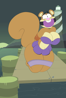 anthro ball_gag bdsm bikini bondage bottomwear bound breasts buckteeth cleavage clothed clothing damsel_in_distress female fluffy fluffy_tail gag gagged lighthouse miniskirt peril purple_bikini purple_clothing purple_swimwear skirt solo swimwear tail teeth two-piece_swimsuit wide_hips tempson nickelodeon spongebob_squarepants sandy_cheeks mammal rodent sciurid tree_squirrel absurd_res hi_res
