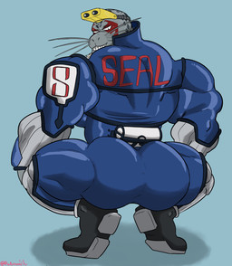 anthro beard big_butt big_muscles boots butt clothing crouching eyewear facial_hair footwear goggles grin huge_muscles looking_at_viewer looking_back looking_back_at_viewer male meme_pose muscular rear_view shoes smile solo superhero superhero_costume wetsuit whiskers pinkmomito broly_culo my_hero_academia selkie_(my_hero_academia) aquatic humanoid mammal pinniped seal absurd_res hi_res meme