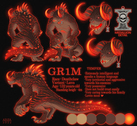 ambiguous_gender back_spikes blue_background brown_body digitigrade fangs feral forked_tongue front_view horn no_sclera open_mouth pupils red_eyes red_horn red_stripes red_tongue sharp_teeth side_view simple_background solo spiked_tail spikes spikes_(anatomy) striped_arms striped_back striped_legs stripes tail teeth text tongue tongue_out yellow_pupils azuza fallout microsoft deathclaw scalie 2022 artist_name dated model_sheet male_(lore)