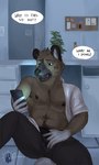 2023 absurd_res aggretsuko anthro bottomwear brown_body brown_fur clothed clothing comic electronics english_text fur haida_(aggretsuko) hi_res hyena looking_at_object looking_at_phone lumarten male mammal muscular muscular_male open_clothing open_shirt open_topwear pants phone pubes sanrio shirt sitting solo spotted_hyena text topwear undressing