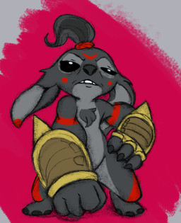 anthro arm_markings armor biped black_eyes chest_tuft clothing ear_markings facial_markings female forehead_markings front_view frown fur gauntlets gloves grey_body grey_fur grey_nose hand_on_hip handwear head_markings leg_markings markings red_markings simple_background solo standing tear_trough teeth tuft inpojuulaele disney lilo_and_stitch charger_(inpojuulaele) fan_character alien experiment_(lilo_and_stitch) 2025 digital_drawing_(artwork) digital_media_(artwork) english_description