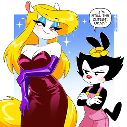 4_fingers accessory anthro armwear black_body black_fur black_hair black_tail blonde_hair blue_eyeshadow blush breasts cleavage closed_smile clothed clothed_anthro clothed_female clothing crossed_arms deviantart_username dialogue dress duo elbow_gloves eyebrow_through_hair eyebrows eyelashes eyeshadow female female_anthro fingers flower flower_in_hair fully_clothed fully_clothed_anthro fully_clothed_female fur gloves gradient_background hair hair_accessory handwear long_hair makeup mouth_closed pink_nose plant pupils purple_armwear purple_clothing purple_elbow_gloves purple_gloves purple_handwear red_nose simple_background size_difference smile snout speech_bubble tail talking_to_another text thick_eyelashes toony translucent translucent_hair twitter_handle twitter_logo white_body white_clothing white_fur white_gloves white_handwear yellow_tail nico_neko animaniacs twitter warner_brothers dot_warner minerva_mink inkblot mammal mink mustelid musteline true_musteline 1:1 2025 artist_name english_text hi_res url