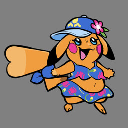 accessory anthro bikini black_ear_tips blue_bikini blue_clothing blue_eyes blue_swimwear blush blushing_profusely clothing dipstick_ears ear_markings female feral fur furgonomics grey_background happy hat hat_flower headgear headwear heart_symbol heart_tail multicolored_ears open_mouth open_smile orange_body orange_fur pink_cheeks simple_background slightly_chubby smile smiling_at_viewer solo swimwear tail tail_accessory two-piece_swimsuit randomriot nintendo pokemon pokemon_winds_and_waves ms._wavychu generation_1_pokemon pikachu pokemon_(species) 1:1 hi_res
