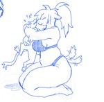 ambiguous_gender anthro blue_line_art bra clothing duo eyes_closed female hair hug kneeling larger_female ponytail size_difference slightly_chubby smaller_ambiguous smile tail tail_motion tailwag underwear thorn_paw kobold scalie 2021 blue_and_white colored_line_art digital_media_(artwork) monochrome