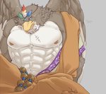 abs beads beak biceps blue_eyes brown_body brown_feathers chest_scar clothed clothing facial_scar feathered_wings feathers male multicolored_body multicolored_feathers muscular muscular_male nipples pecs prayer_beads scar solo two_tone_body two_tone_feathers white_body white_feathers wings cddi_h lifewonders tokyo_afterschool_summoners gandharva_(tas) avian 2019