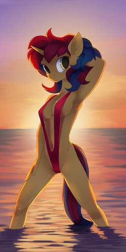 anthro anthrofied beach bikini breasts clothed clothing detailed_background eyebrows eyelashes female grey_eyes hair hand_behind_head hand_on_hip horn ineffective_clothing inner_ear_fluff multicolored_hair navel one-piece_swimsuit outside partially_submerged pose seaside shadow short_hair sky sling_bikini solo spread_legs spreading standing sun sunset swimwear tuft two-piece_swimsuit two_tone_hair water wet vistamage hasbro my_little_pony mythology fan_character sweet_voltage equid equine mammal mythological_creature mythological_equine unicorn 1:2 2018 hi_res portrait three-quarter_portrait