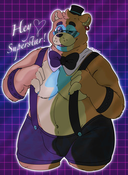 anthro bow_tie bulge clothing eyewear glint hat headgear headwear looking_at_viewer male musclegut muscular navel neon_lights one_eye_closed purple_background simple_background solo sunglasses suspenders synthwave top_hat wink winking_at_viewer m00ny five_nights_at_freddy's five_nights_at_freddy's:_security_breach scottgames steel_wool_studios glamrock_freddy bear mammal absurd_res hi_res