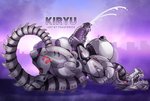 anthro bodily_fluids breasts cum cumshot ejaculation erection genital_fluids genitals gynomorph intersex machine nipples penis saliva sharp_teeth side_view solo tail teeth text fsmaverick godzilla_(series) toho mechagodzilla kaiju monster robot 2021 english_text purple_theme