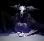 anthro antlers bone breasts fangs female fur horn looking_at_viewer nightmare_fuel nude open_mouth simple_background skull snow solo teeth meandraco american_mythology indigenous_north_american_mythology mythology north_american_mythology humanoid monster monstrous_humanoid wendigo