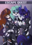 absurd_res anthro areola breasts butt canid canine canis clothed clothing conrie english_text equid equine female genitals group hi_res horse latex looking_at_viewer mammal neon_genesis_evangelion plugsuit pony pussy scared shy skimpy standing text tight_clothing torn_clothing trio wolf