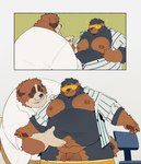 anthro balls belly big_belly black_body black_nose brown_body chubby_cheeks clothed clothing doctor duo flaccid genitals kemono male medical_examination moobs nipples open_clothing open_shirt open_topwear overweight overweight_male patient penis shirt superhero topwear visor quanjiang canid canine canis domestic_dog mammal 2024 absurd_res hi_res