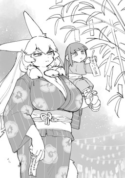 anthro asian_clothing bamboo bamboo_tree bell big_breasts blush blush_lines breasts cleavage clothed clothing duo east_asian_clothing eyebrow_through_hair eyebrows female festival hair holding_object holding_paper huge_breasts japanese_clothing kemono long_hair looking_at_another paper plant sitting_on_arm size_difference sky star starry_sky tanzaku text translucent translucent_hair tree yukata nikumura_q tanabata midori_(giant_ojou-sama) sumire_(giant_ojou-sama) human lagomorph leporid mammal rabbit servant_(giant_ojou-sama) greyscale hi_res japanese_text monochrome translation_request