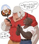 anthro biceps brown_body brown_fur cellphone clothing duo electronics fur humor male muscular muscular_anthro muscular_male pecs phone shirt smartphone t-shirt text topwear white_body white_fur othukimi crave_saga blanco kazuya_(othukimi) nephlect ape gorilla haplorhine mammal primate english_text hi_res