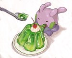 5:4 ambiguous_gender cherry cutlery eating feral food fruit generation_6_pokemon goomy hi_res jelly_(food) kitchen_utensils nintendo oisisabatugun plant pokemon pokemon_(species) solo spoon tools