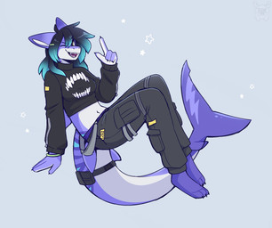 anthro black_bottomwear black_claws black_clothing black_hair black_pants black_shirt black_topwear blue_body blue_hair bottomwear claws clothed clothing fangs female grey_body hair long_hair looking_at_viewer markings midair multicolored_hair open_mouth open_smile pants shirt simple_background smile snout solo striped_markings stripes tail teeth topwear two_tone_hair fleurfurr aquatic fish shark 2024 cel_shading colored colored_sketch digital_drawing_(artwork) digital_media_(artwork) hi_res shaded sketch
