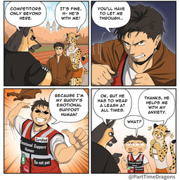 4_panel_comic anthro bottomwear brown_body brown_fur clothed clothing dialogue fully_clothed fur group humor male markings nervous running_track shirt shorts speech_bubble spots spotted_body spotted_fur tail tank_top text topwear track_and_field trio vest yellow_body yellow_fur parttimedragons canid canine canis cheetah domestic_dog felid feline german_shepherd herding_dog human mammal pastoral_dog 1:1 comic english_text hi_res
