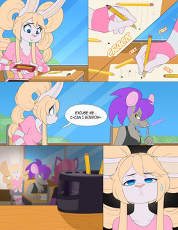 anthro armwear blonde_hair blue_eyes broken_pencil classroom clothed clothing dialogue duo female fur hair pattern_armwear pattern_clothing pencil_(object) pencil_sharpener pigtails school shush solo speech_bubble striped_armwear striped_clothing stripes text white_body white_fur apinkgrape glamor_to_bare stephanie_(neko-eclipse17) lagomorph leporid mammal rabbit absurd_res english_text hi_res trans_(lore) trans_woman_(lore)