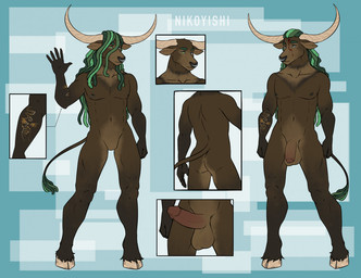 anthro arm_tattoo balls black_body black_fur blood blue_eyes bodily_fluids brown_body brown_fur butt dreadlocks erection facial_piercing fingers fur genitals green_eyes green_hair grey_eyes gunshot hair heterochromia hooves horn humanoid_genitalia humanoid_penis long_hair looking_at_viewer male nipple_piercing nipples nose_piercing nose_ring nude penis piercing ring_piercing simple_background solo tail tail_tuft tattoo tuft wounded conditional_dnp nikoyishi bovid bovine mammal true_buffalo water_buffalo 2021 digital_media_(artwork) model_sheet signature
