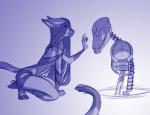 ambiguous_gender anthro clothed clothing death duo ears_back female hair kneeling long_hair magic_user necromancy oversized_clothing pivoted_ears side_view smile summoning brindle kurai_(redmight) canid canine domestic_cat felid feline felis mammal blue_and_white monochrome sketch