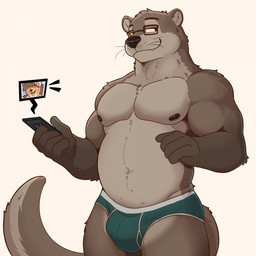 anthro areola barazoku biped briefs briefs_only bulge cellphone clothed clothing cutaway electronics eyewear fingers glasses holding_cellphone holding_object holding_phone holding_smartphone humanoid_hands laugh looking_aside male midriff musclegut muscular muscular_anthro muscular_male navel nipples open_mouth open_smile pecs phone rectangular_glasses simple_background skimpy slightly_chubby slightly_chubby_anthro slightly_chubby_male smartphone smile solo standing tail topless topless_anthro topless_male underwear underwear_only video_call whiskers white_background bezzeroo mammal mustelid otter 1:1 2024 colored half-length_portrait hi_res portrait shaded