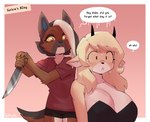 angry anthro big_breasts black_hair blonde_hair bodily_fluids bottomwear breasts clothing dialogue duo female hair holding_knife holding_object knife profanity red_clothing red_shirt red_topwear shirt shocked shorts simple_background sweat topwear borvar gutzi_(rappidrobin) tori_yiffany canid canine canis domestic_dog mammal 2023 hi_res