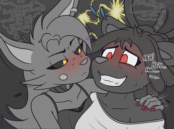 anthro blush bodily_fluids clothing dreadlocks duo ear_piercing female freckles jewelry oversized_clothing panicked_look piercing saliva simple_background surprised text bombay_(artist) frenlivet_(bombay) porbit_(bombay) bear canid canine fox mammal bulgarian_text translation_request