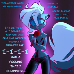 anthro big_tail biped black_body black_fur bottomwear clothed clothed_anthro clothed_female clothing crop_top electronics eyebrows eyelashes eyes_closed eyeshadow female female_anthro fingers fur hair huge_hips leather leather_bottomwear leather_clothing leather_pants makeup microphone pants shirt singing skunk_tail small_waist solo tail text toony topwear white_hair wide_hips birchly courtney_brushmarke mammal mephitid skunk striped_skunk 1:1 2022 digital_media_(artwork) english_text hi_res