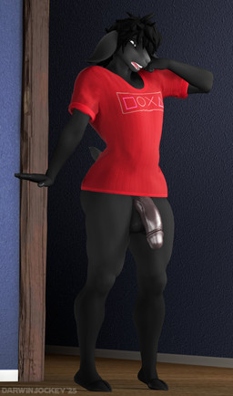 anthro balls black_body black_hair bottomless clothed clothing genitals hair hooves male open_mouth penis red_clothing red_shirt red_t-shirt red_topwear shirt solo t-shirt tail text topwear yawn darwinthejockey warfaremachine_(modeler) link_(loaf3d) warfare_goat bovid caprine goat mammal 3d_(artwork) absurd_res artist_name digital_media_(artwork) hi_res