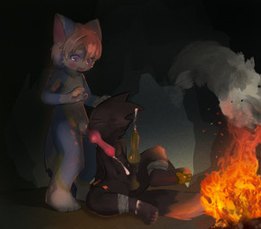 animal_genitalia animal_penis anthro bandage bandaged_foot blue_body blue_fur blush blush_lines bodily_fluids canine_genitalia canine_penis cave claws cum cunnilingus duo ejaculation female fire fully_sheathed fur furgonomic_piercing furgonomics genital_fluids genital_piercing genitals grey_body grey_fur knot knot_tugging knotted_penis knotting looking_pleasured male male/male oral oral_penetration penetration penis penis_in_mouth penis_nursing piercing purple_eyes sex sheath sheath_penetration sheath_piercing sheath_play sheathed_while_penetrated size_difference smaller_female standing standing_sex vaginal young young_male huanaaa casualties:_unknown root canid canine canis domestic_dog mammal absurd_res hi_res